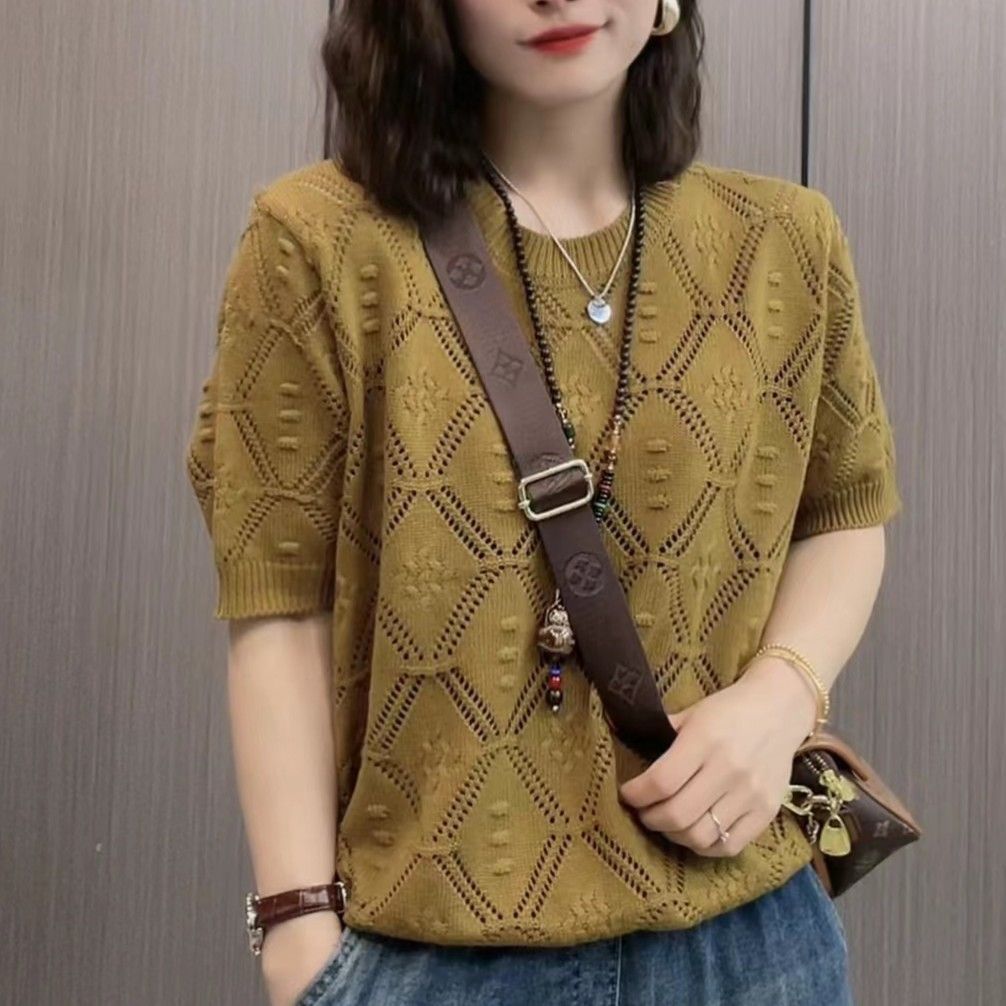 女士休闲时尚针织短袖上衣2023夏季新款提花镂空遮肉薄款毛衣小衫