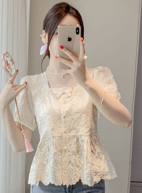 设计感新中式国风盘扣雪纺衬衫女夏装时尚洋气蕾丝花边短款上衣潮