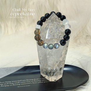 「ccpeekaboo」天然茶水晶黑曜石白月光灰拉长石白阿赛925银手链