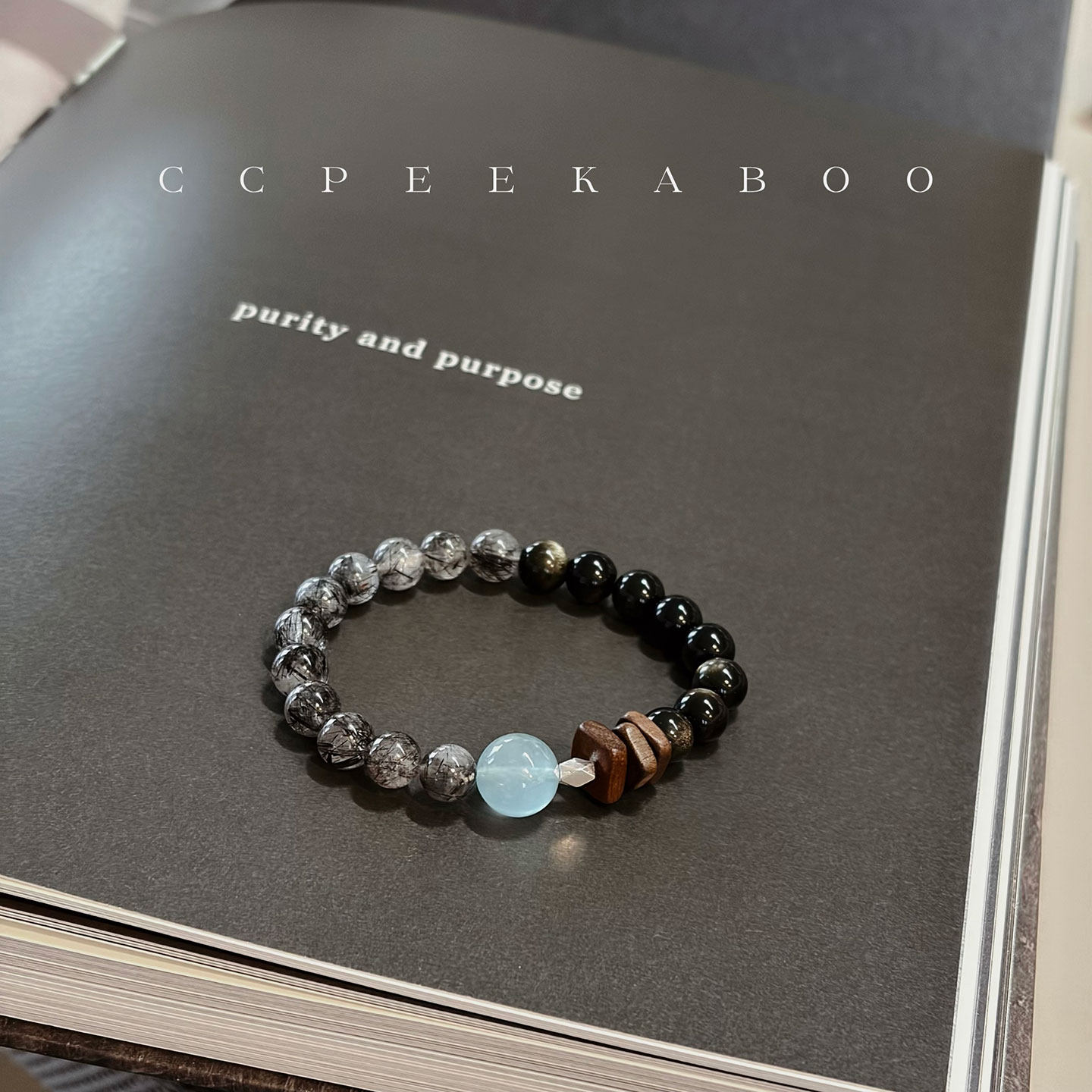 「ccpeekaboo」天然水晶海蓝宝黑金曜石黑发晶纯银沉香木补水手串