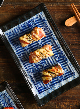 海波纹陶瓷长方盘日式和风寿司料理盘餐厅餐具釉下彩早餐点心平盘