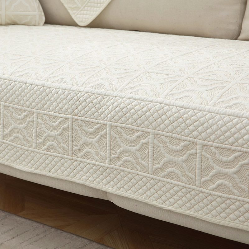 高档纯棉四季沙发垫子布艺防滑全棉简约现代绣花米白套罩外贸夏季