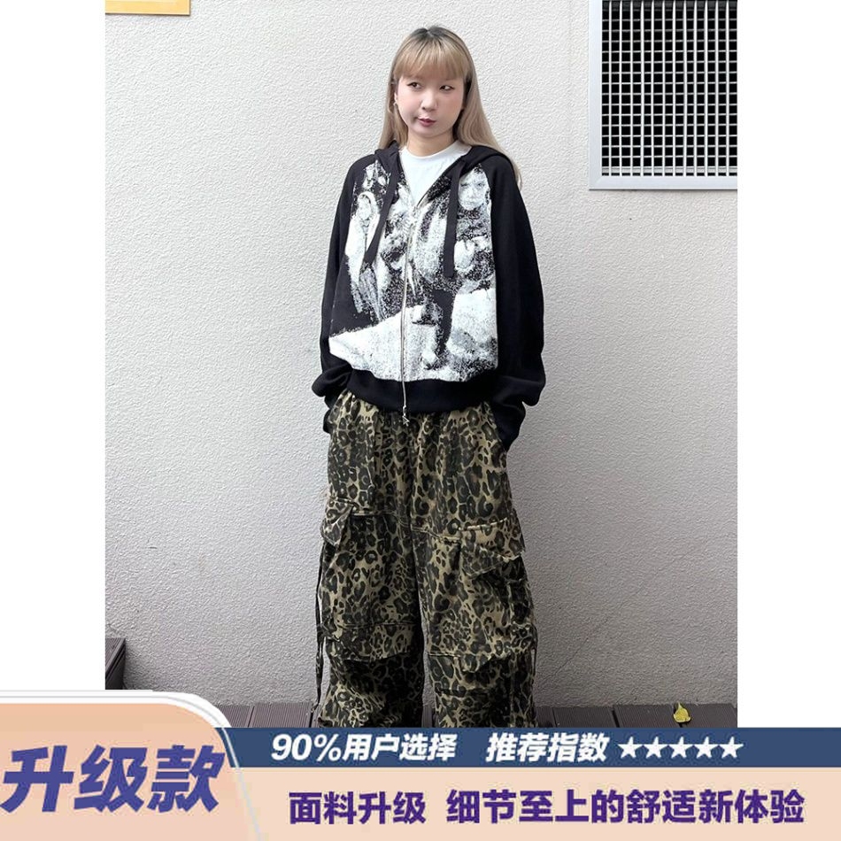 美式高街复古黑白人物连帽开衫卫衣男秋季潮牌小众宽松拉链外套女