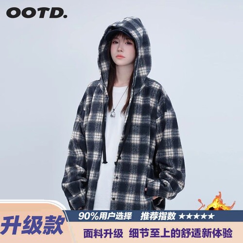 港味格子连帽衬衫外套男女秋季2024年新宽松慵懒风中长款休闲上衣