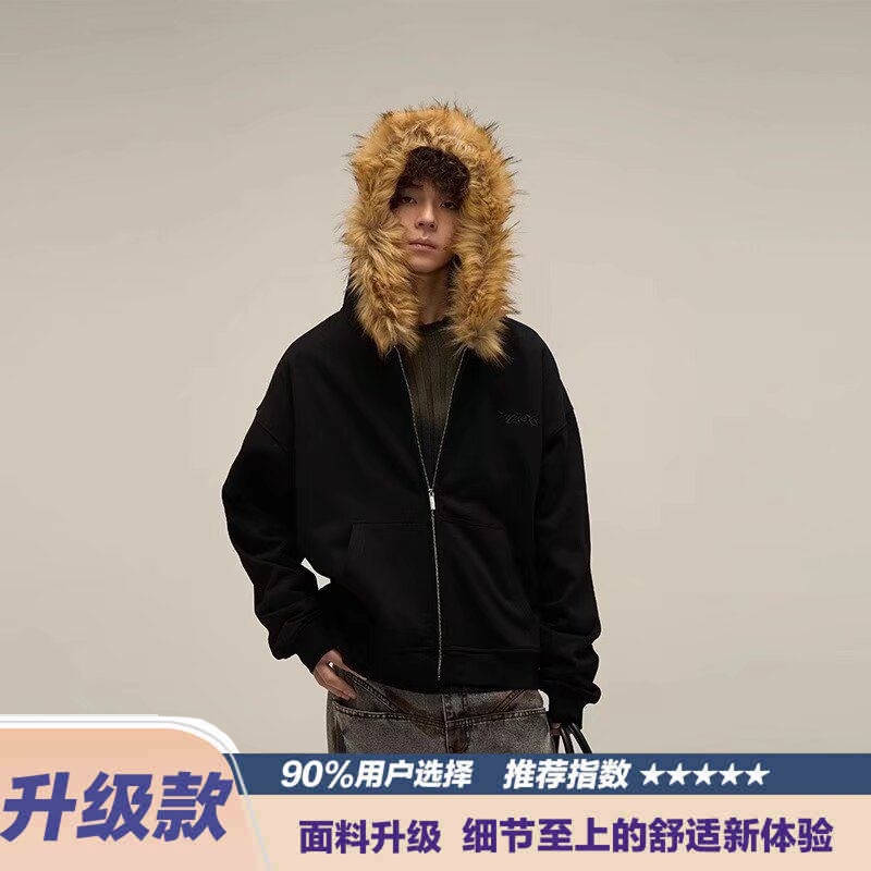 毛领连帽开衫卫衣外套男女春秋季小众高级感美式复古重磅上衣潮