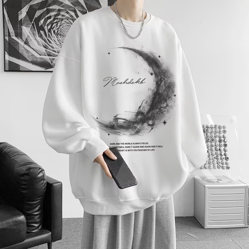 秋冬季重磅月亮印花设计感卫衣男女款圆领宽松外套情侣大码打底衫