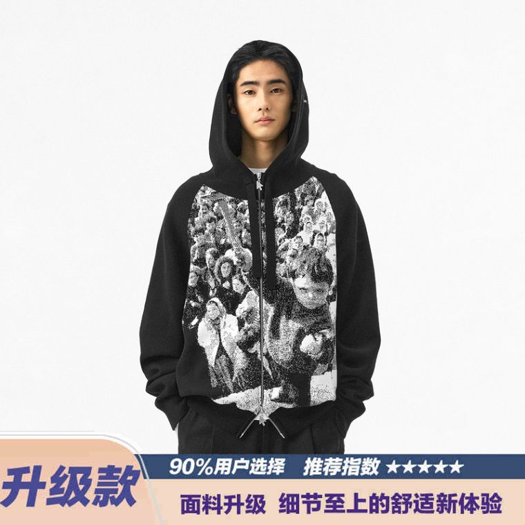 E帛跃美式短款黑色街头连帽卫衣嘻哈高街复古亚文化外套男女