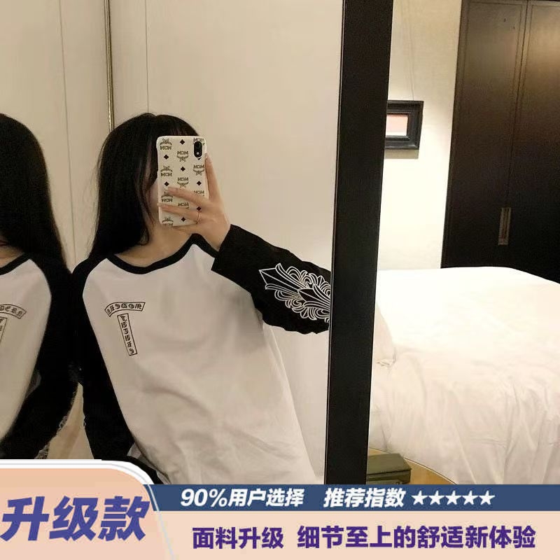 高街美式潮牌印花长袖t恤女2025复古慵懒拼接情侣上衣