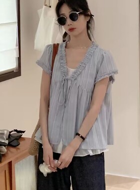 YNVN韩系甜美小清新麻棉假两件花边短袖衬衫女夏季设计感小众上衣