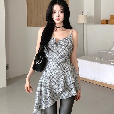 有货 chic 设计感小众收腰辣妹格子吊带连衣裙