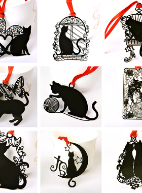 独立包装小礼品书签 黑色月亮小猫咪可爱红丝绳书签黑猫金属书签 镂空卡通学生日式黑色猫咪书签金属书签礼品