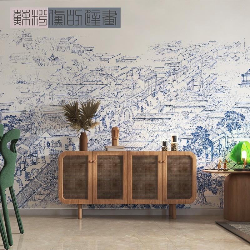 青花  新中式青花瓷手绘客厅餐饮直播间定制背景墙