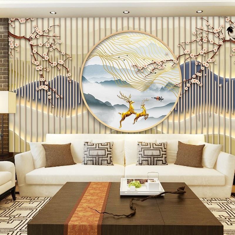 现代新中式墙纸3d立体山水壁画养生足疗店茶室背景墙布采耳馆壁纸