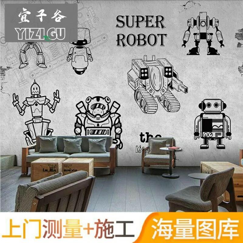 儿童房墙纸男孩卧室教育机构科技教室壁画手绘涂鸦卡通机器人壁纸