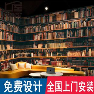 3D立体复古欧式仿书架壁画拍照背景餐厅书房密室逃脱网咖酒吧墙纸