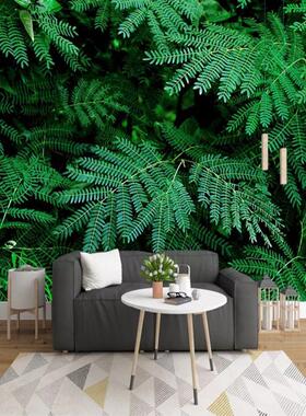 3D现代清新绿色叶子自然风景背景墙热带雨林植物花卉墙纸壁画壁纸