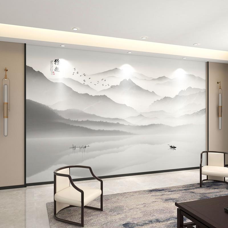 定制墙纸新中式客厅电视背景墙壁纸3d水墨国画山水黑白灰墙布壁画