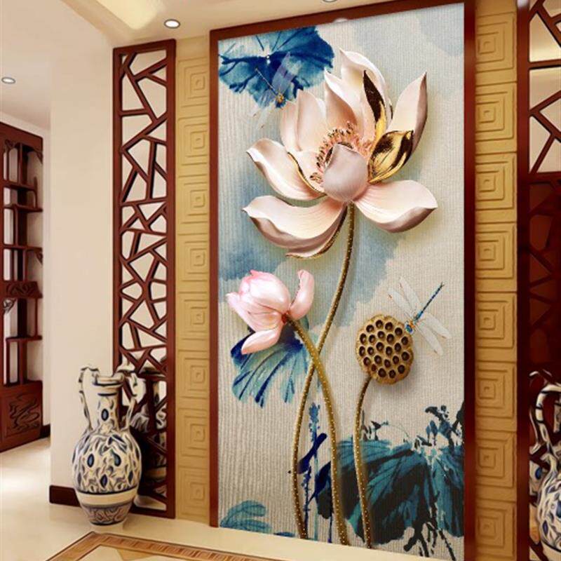 8d立体简约浮雕荷花玄关背景壁纸5d过道走廊竖版壁画无缝素雅墙纸