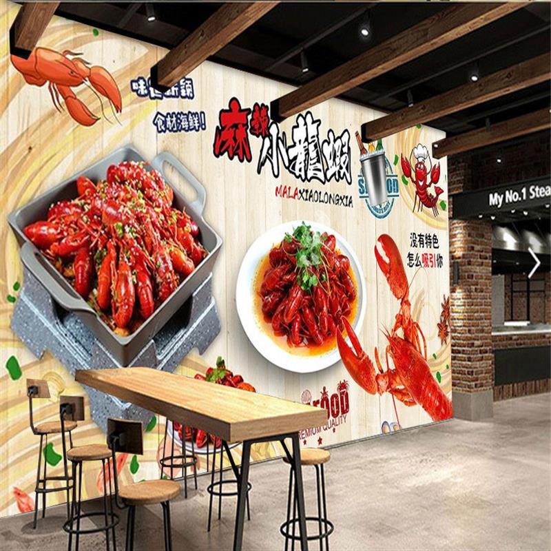 复古怀旧烧烤店墙纸木板麻辣小龙虾壁纸海鲜店大排档特色美食壁画