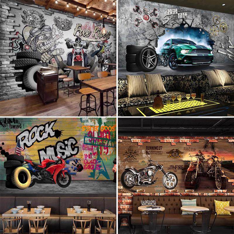 复古摩托车涂鸦壁纸汽车工业废墟风酒店背景墙纸餐厅壁画机车墙布