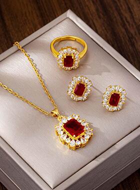 越南沙金高级感几何方块项链女轻奢镶锆开口戒指耳钉套装饰品