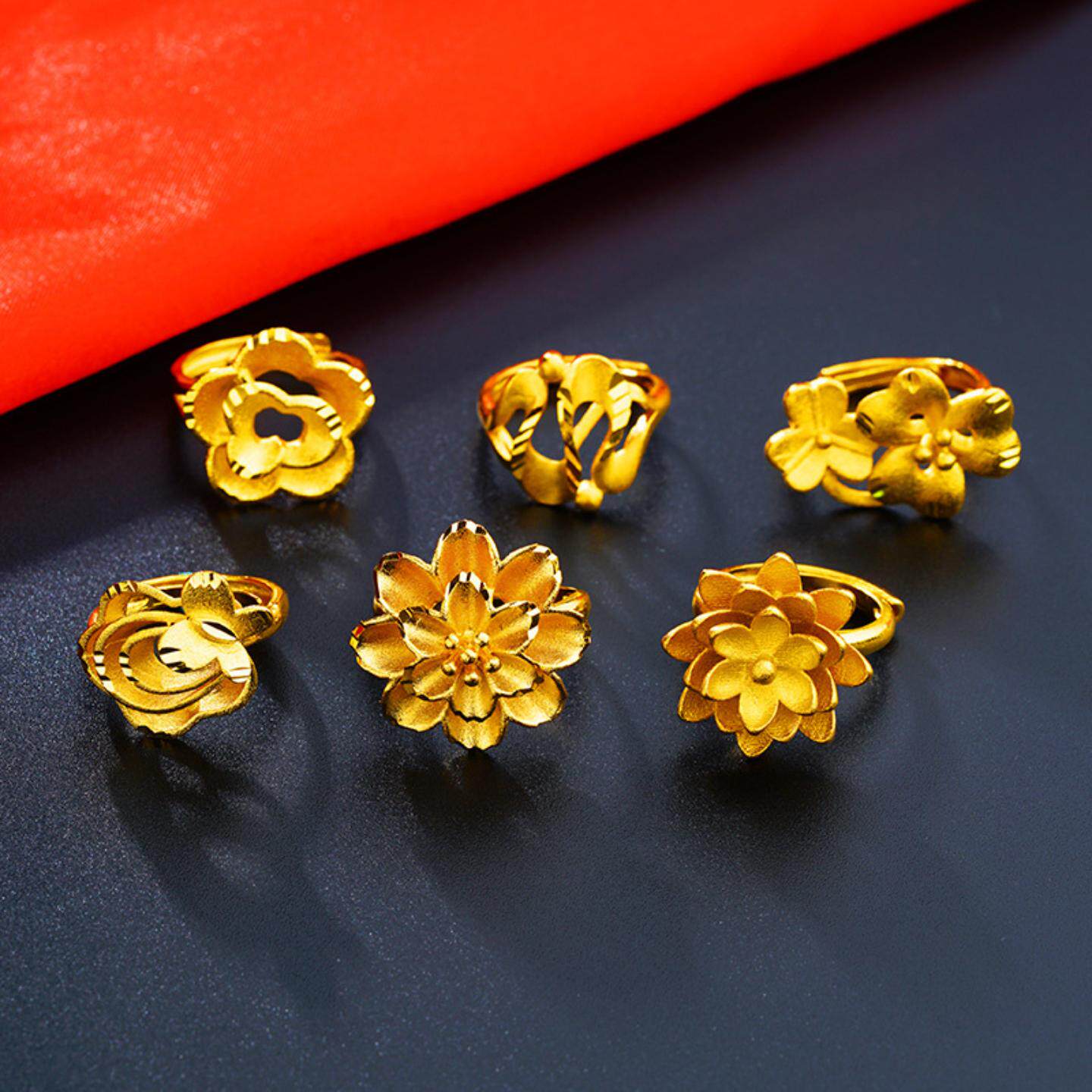 细磨砂镀金戒指女士 越南沙金假黄金花朵喷砂绒沙戒指女