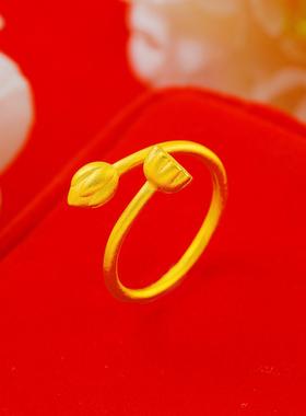 复古开口莲花沙金戒指女