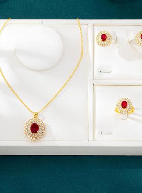 简约风镶钻椭圆活口戒指耳钉套装女越南沙金项链久不掉色饰品