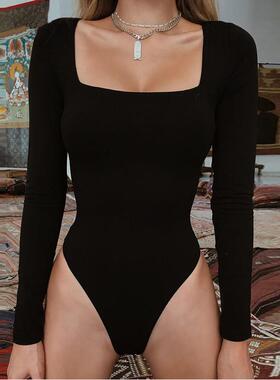 Square neck black overalls top 连体衣长袖抹胸款性感T恤