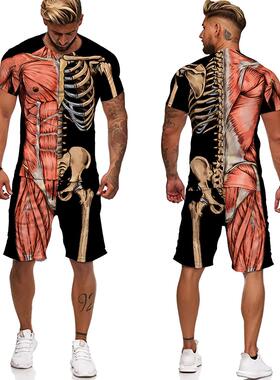 Skeleton 3D Printed T-Shirt Shorts Set骨骼3D印花 T恤短裤套装
