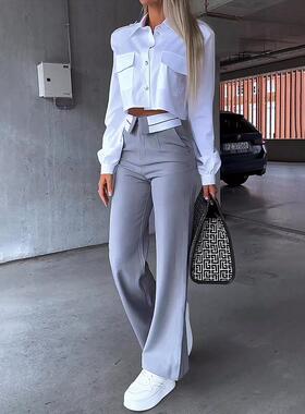 短款上衣宽松长裤套装 Short Top Loose Pants Solid Color Set