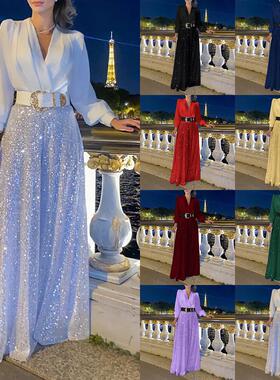 3XL new V-neck shirt sequined wide-leg jumpsuit女亮片连体裤