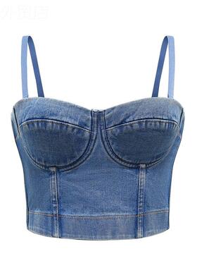 Denim camisole tops for women牛仔吊带背心欧美短款修身性感露