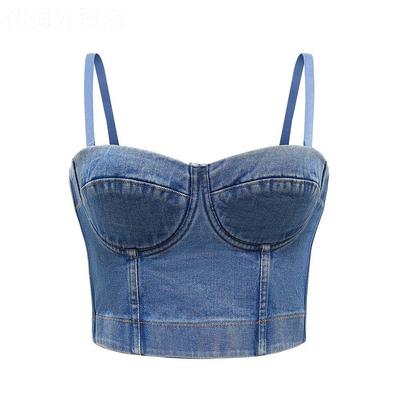 Denim camisole tops for women牛仔吊带背心欧美短款修身性感露