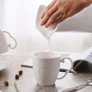 茶杯家用漱口水杯凉水壶杯具喝茶杯碟子马克杯 陶瓷水具冷水壶套装