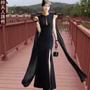 修身 长款 演出礼服 改良弹力免烫飞袖 黑色优雅走秀旗袍2025春夏新品