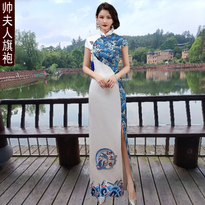 青花瓷鱼尾款旗袍宴会走秀连衣裙