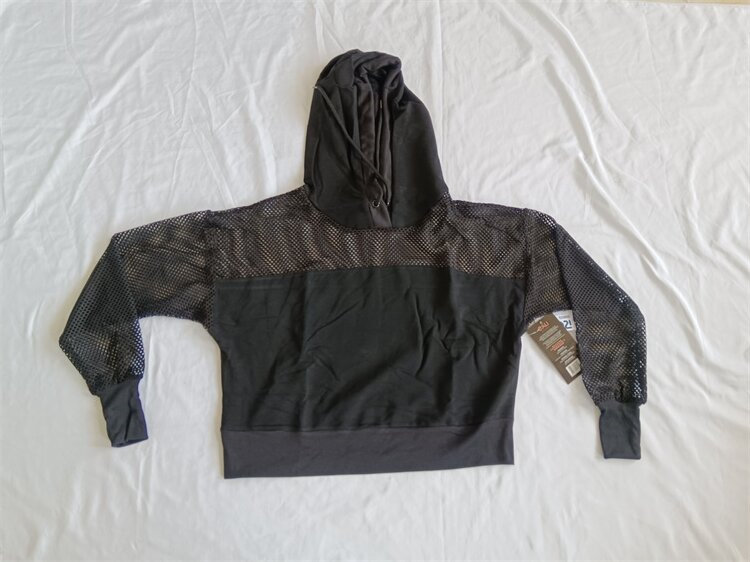 D15-32女黑色长袖圆领连帽网眼运动瑜伽跑步居家上衣罩衫T恤春秋