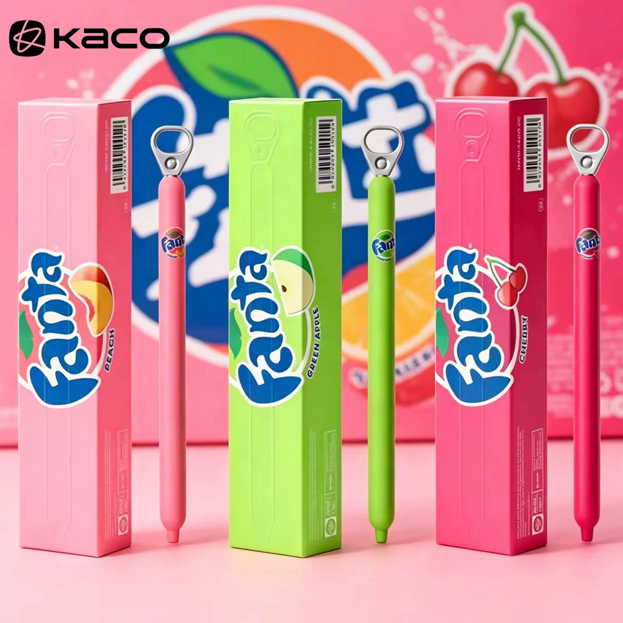 春夏新品 KACO芬达联名款灵悦拉环笔FANTA中性笔樱桃青苹果桃子缤纷水果风0.5双珠ST头速干黑色学生刷题笔