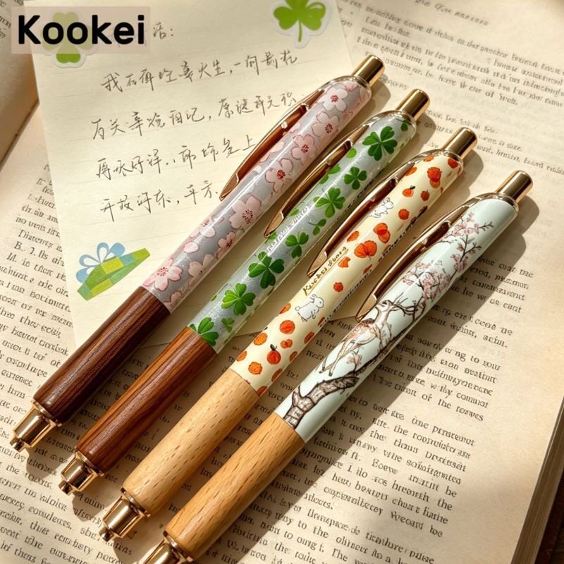 KOOKEI檀木四季中性笔春天樱花夏季四叶草晚秋枫叶兔冬日梅花鹿原木笔握1+2套装笔CS笔尖速干0.5按动水笔黑色