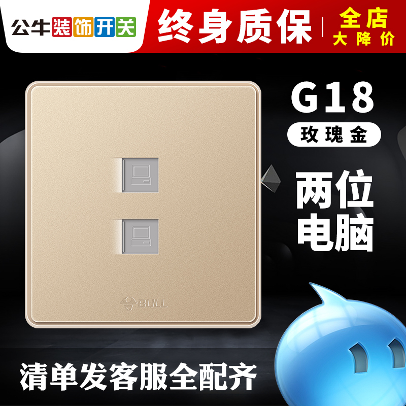 公牛双网线插座二位墙壁86型宽带信息双电脑双网口网络面板G18金