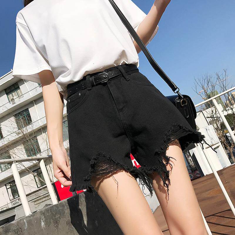 【送腰带】黑色牛仔短裤女夏高腰宽松显瘦学生百搭大码阔腿热裤潮