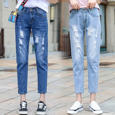 百搭破洞牛仔裤女2021秋新款宽松显瘦韩版学生bf直筒哈伦九分裤子