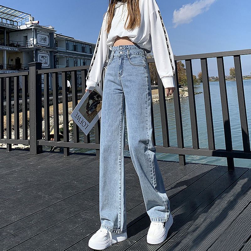 牛仔裤女2024新款春秋直筒宽松chic高腰显瘦小个子浅色外穿阔腿裤图片