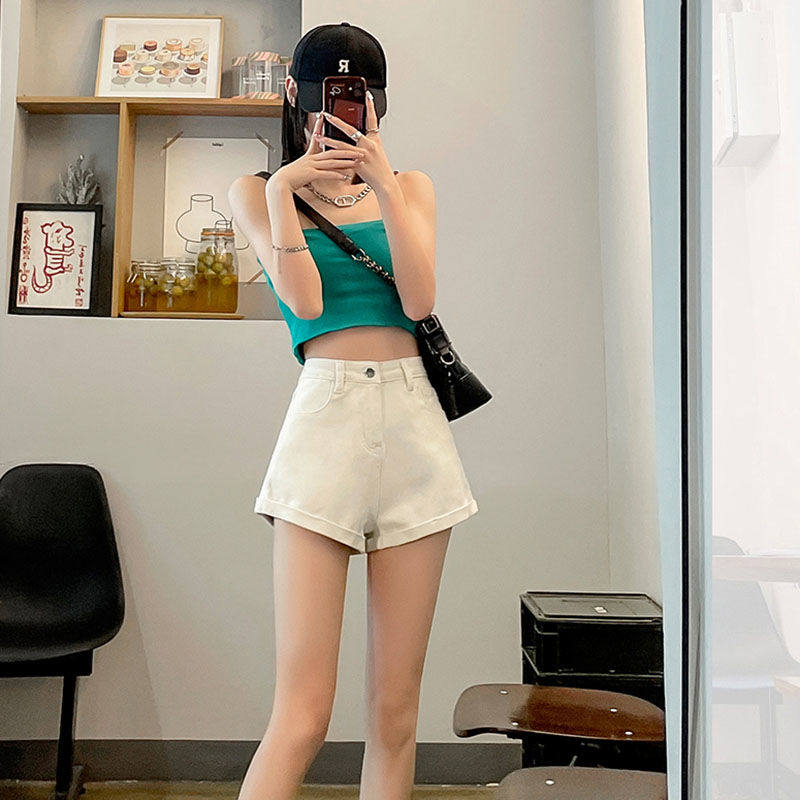 高腰卷边设计牛仔短裤女装2023年新款宽松显瘦辣妹a字阔腿热裤潮