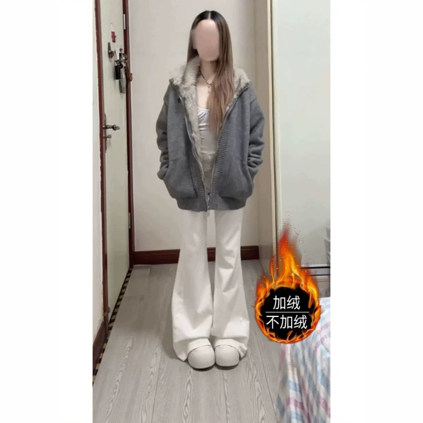 秋冬新款加绒加厚白色微喇叭显瘦牛仔裤女宽松不贴腿百搭阔腿裤子