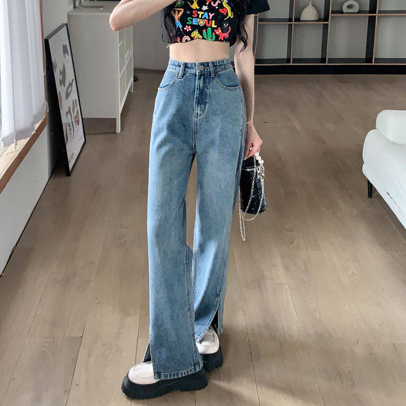 春秋网红大码胖MM宽松直筒开叉阔腿高腰牛仔裤女学生垂感拖地长裤