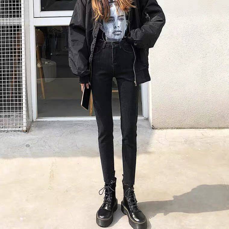 烟灰色牛仔裤女小脚裤弹力高腰显瘦紧身长裤子女学生韩版铅笔裤女