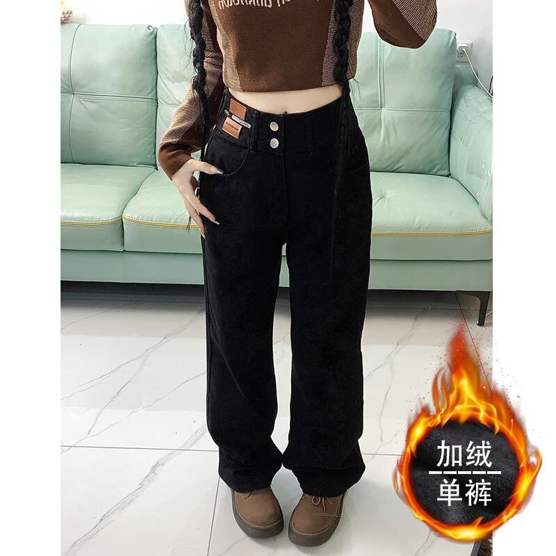 百搭双排扣高腰牛仔裤女秋冬季新款加绒加厚皮牌直筒阔腿牛仔裤