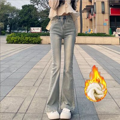 加绒加厚美式黄泥款微喇牛仔裤女冬季新款高腰做旧复古浅色喇叭裤